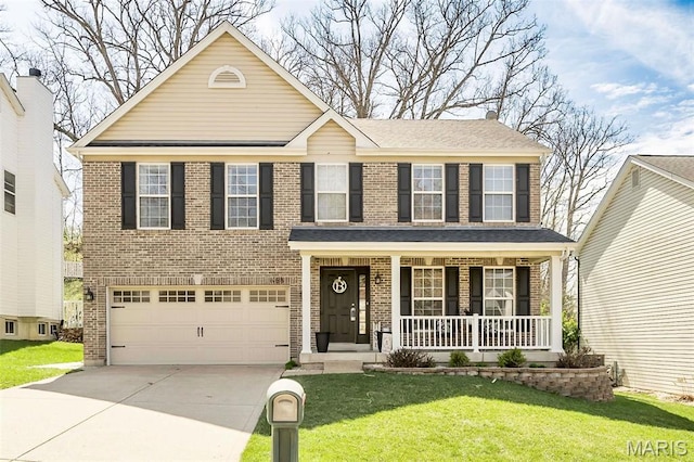 1168 Oak Hollow Dr, Imperial, MO 63052 - traditional-style house featuring a porch, concrete driveway, brick siding, and a front yard