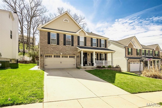 1168 Oak Hollow Dr, Imperial, MO 63052 - view of front of property with a porch, a garage, brick siding, concrete driveway, and cooling unit