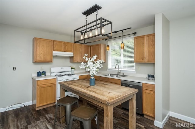 1168 Oak Hollow Dr, Imperial, MO 63052 - kitchen featuring dishwasher, a sink, white range with gas cooktop, under cabinet range hood, and dark wood-style floors