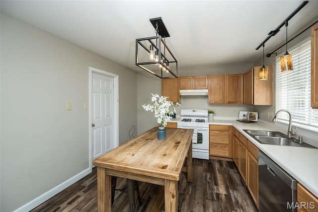 1168 Oak Hollow Dr, Imperial, MO 63052 - kitchen with white range with gas stovetop, dishwasher, a sink, under cabinet range hood, and dark wood finished floors