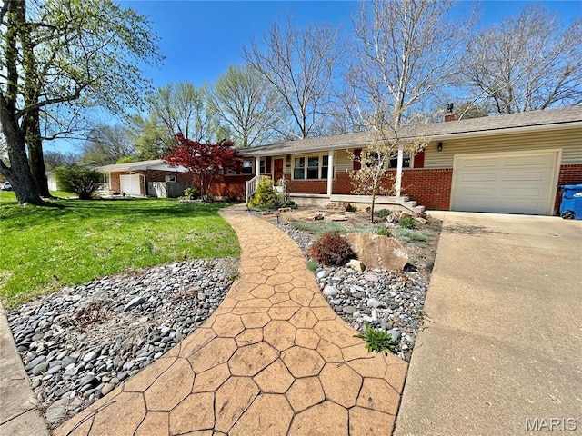 1101 S Mildred Blvd, Salem, MO 65560 - single story home featuring brick siding, an attached garage, driveway, a front lawn, and a chimney
