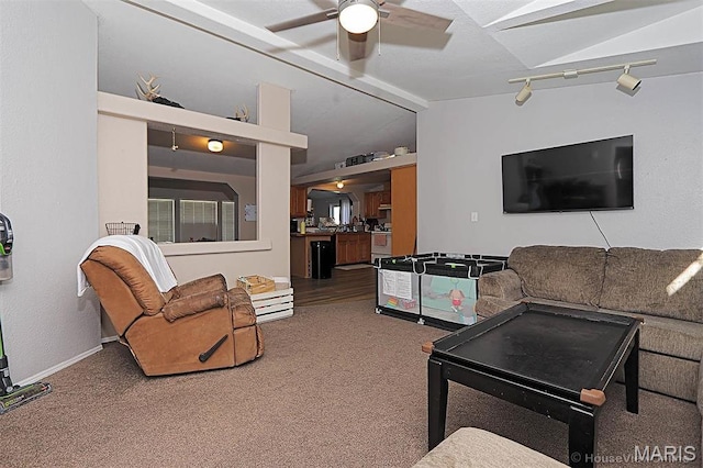 301 Kimberly Dr, Scott City, MO 63780 - living room featuring carpet floors, ceiling fan, vaulted ceiling, and rail lighting