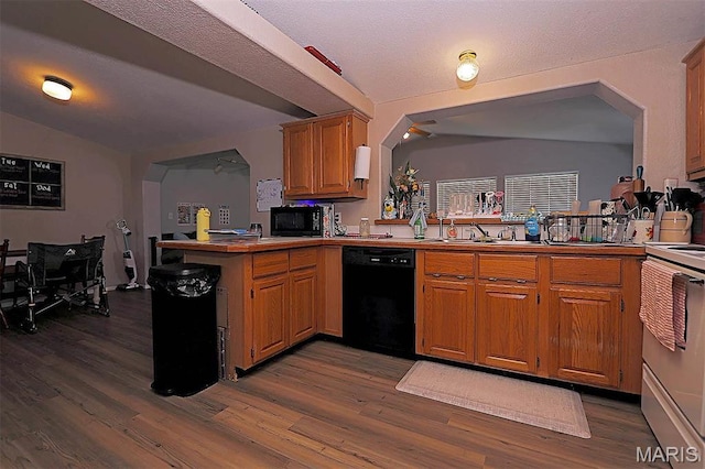301 Kimberly Dr, Scott City, MO 63780 - kitchen featuring black appliances, a peninsula, dark wood finished floors, a sink, and lofted ceiling