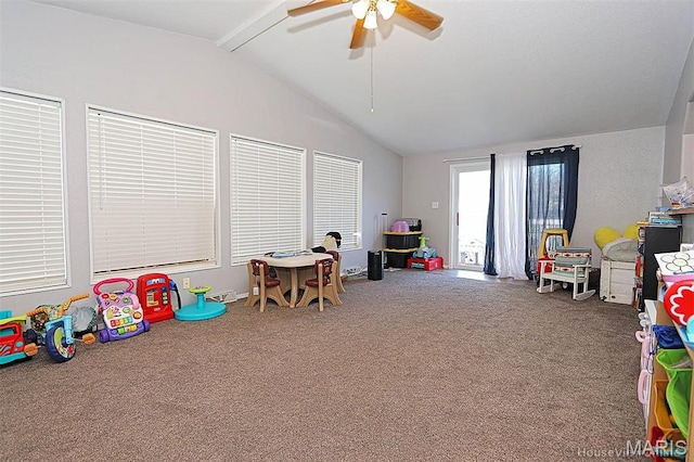 301 Kimberly Dr, Scott City, MO 63780 - game room featuring vaulted ceiling, a ceiling fan, and carpet flooring