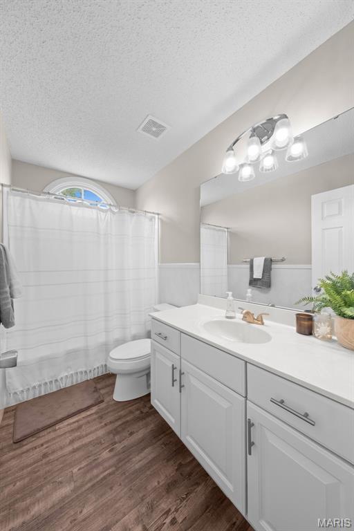 11 Country Crossing Estates Dr, Saint Peters, MO 63376 - full bathroom with a textured ceiling, vanity, wood finished floors, and a wainscoted wall