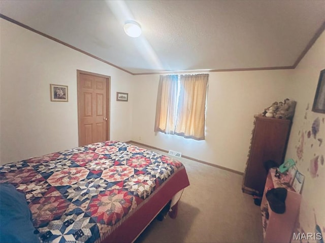 carpeted bedroom with crown molding, lofted ceiling, baseboards, and a textured ceiling