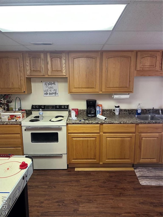 949 Ripley 21n-4, Doniphan, MO 63935 - kitchen featuring white electric stove, a drop ceiling, a sink, and dark wood-type flooring