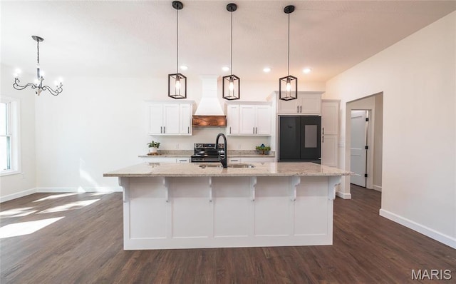 235 Sunny Dr, Rolla, MO 65401 - kitchen with fridge, premium range hood, a sink, baseboards, and recessed lighting