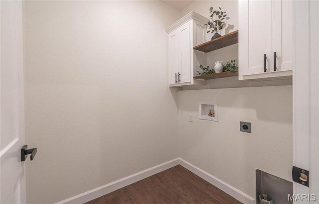 235 Sunny Dr, Rolla, MO 65401 - clothes washing area featuring hookup for an electric dryer, cabinet space, dark wood-type flooring, baseboards, and hookup for a washing machine
