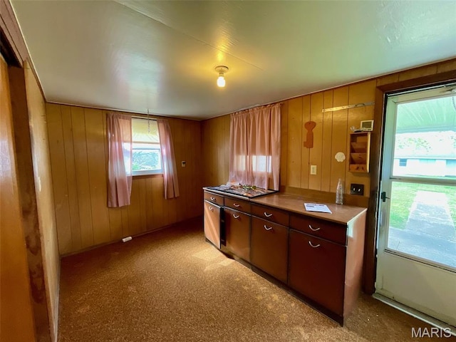 kitchen with light carpet and wood walls