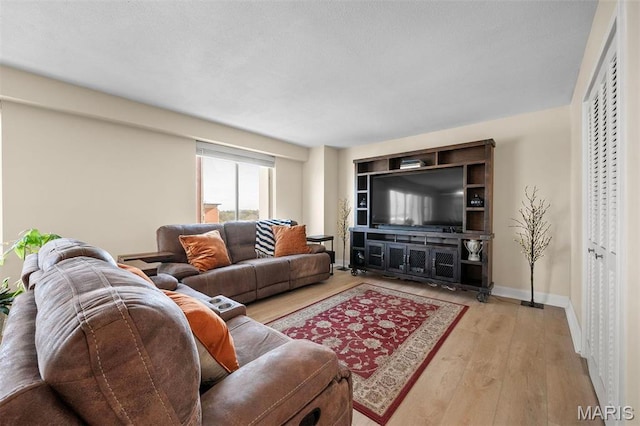 living room featuring wood finished floors and baseboards