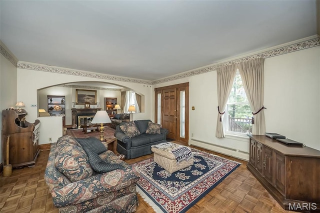 631 N Geyer Rd, Saint Louis, MO 63122 - living room with a baseboard radiator, arched walkways, baseboards, and crown molding