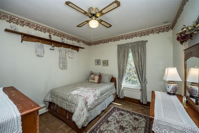 631 N Geyer Rd, Saint Louis, MO 63122 - bedroom featuring baseboard heating, crown molding, a ceiling fan, and baseboards