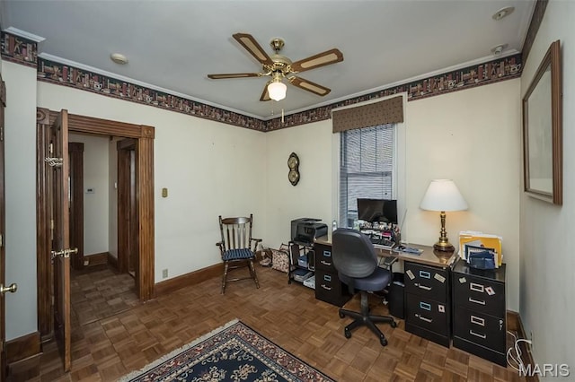 631 N Geyer Rd, Saint Louis, MO 63122 - office with baseboards, ceiling fan, and ornamental molding