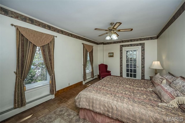 631 N Geyer Rd, Saint Louis, MO 63122 - bedroom with a baseboard heating unit, multiple windows, baseboards, and crown molding