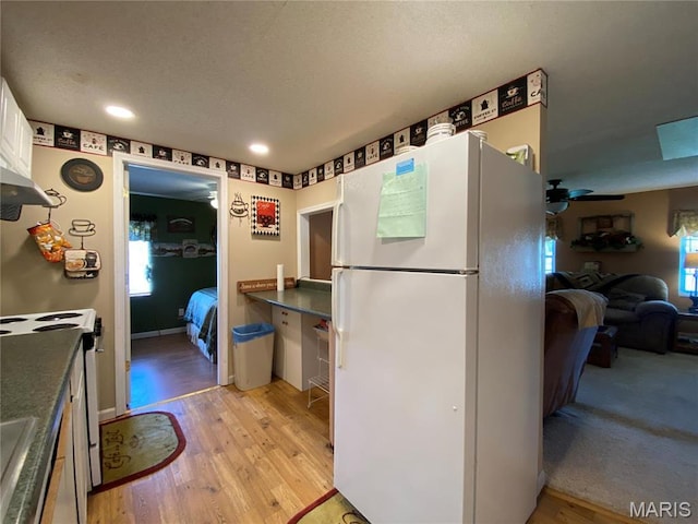 1920 Choctaw Path, Hermann, MO 65041 - kitchen with white appliances, light wood finished floors, a ceiling fan, dark countertops, and recessed lighting