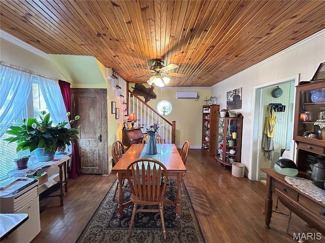 705 E Gibbs St, Salem, MO 65560 - dining area featuring ornamental molding, stairs, hardwood / wood-style flooring, a ceiling fan, and wood ceiling