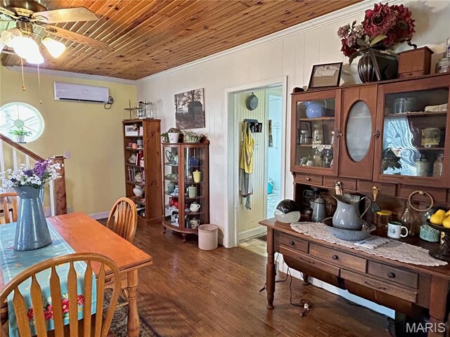 705 E Gibbs St, Salem, MO 65560 - dining room featuring a wall mounted air conditioner, a ceiling fan, crown molding, wood finished floors, and wood ceiling
