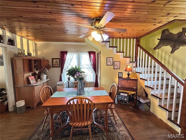 705 E Gibbs St, Salem, MO 65560 - dining room with wood ceiling, stairway, a ceiling fan, and wood finished floors