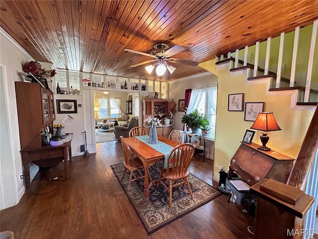 705 E Gibbs St, Salem, MO 65560 - dining area featuring ceiling fan, wood ceiling, wood-type flooring, ornamental molding, and baseboards