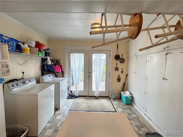 705 E Gibbs St, Salem, MO 65560 - clothes washing area with washer and clothes dryer, ornamental molding, and french doors