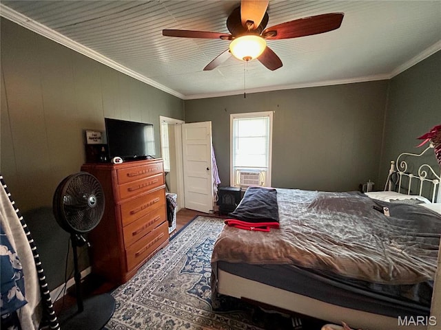 705 E Gibbs St, Salem, MO 65560 - bedroom with wood finished floors, ornamental molding, a ceiling fan, and cooling unit