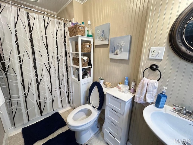 705 E Gibbs St, Salem, MO 65560 - bathroom featuring a sink, a shower with curtain, toilet, and ornamental molding