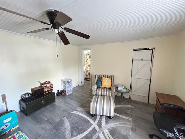 705 E Gibbs St, Salem, MO 65560 - living area with a ceiling fan, wood finished floors, baseboards, and crown molding