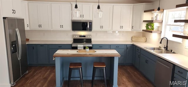 622 Scottsvale Dr, Rolla, MO 65401 - kitchen with appliances with stainless steel finishes, a sink, dark wood-style floors, and blue cabinetry