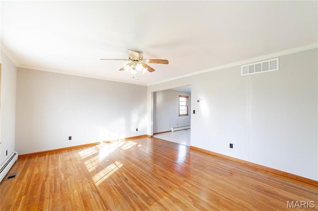751 E Saint Eunice Rd, Fulton, MO 65251 - spare room with a ceiling fan, a baseboard radiator, light wood-style floors, baseboards, and ornamental molding
