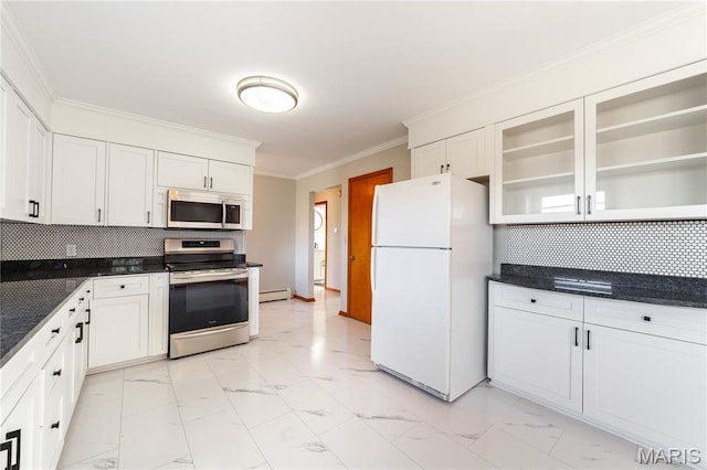 751 E Saint Eunice Rd, Fulton, MO 65251 - kitchen featuring stainless steel appliances, a baseboard radiator, ornamental molding, light marble finish flooring, and white cabinetry