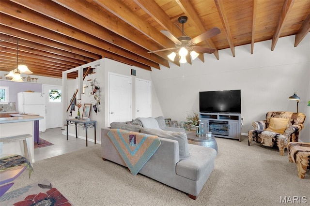 10518 Lakeview Circle Dr, Marthasville, MO 63357 - living room featuring beam ceiling, a ceiling fan, and wood ceiling