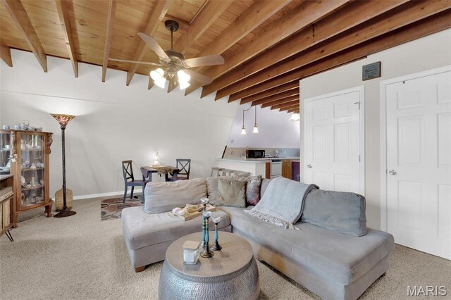 10518 Lakeview Circle Dr, Marthasville, MO 63357 - living area with beam ceiling, wooden ceiling, and a ceiling fan