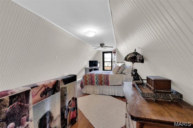 10518 Lakeview Circle Dr, Marthasville, MO 63357 - bedroom with wood finished floors, lofted ceiling, and a ceiling fan