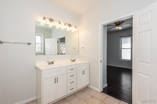 4340 Arsenal St, Saint Louis, MO 63116 - full bath featuring double vanity, ceiling fan, baseboards, and tile patterned flooring
