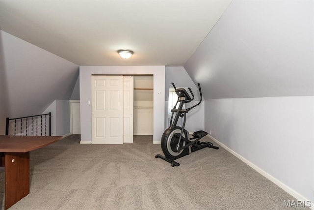4340 Arsenal St, Saint Louis, MO 63116 - workout area featuring lofted ceiling, baseboards, and carpet floors