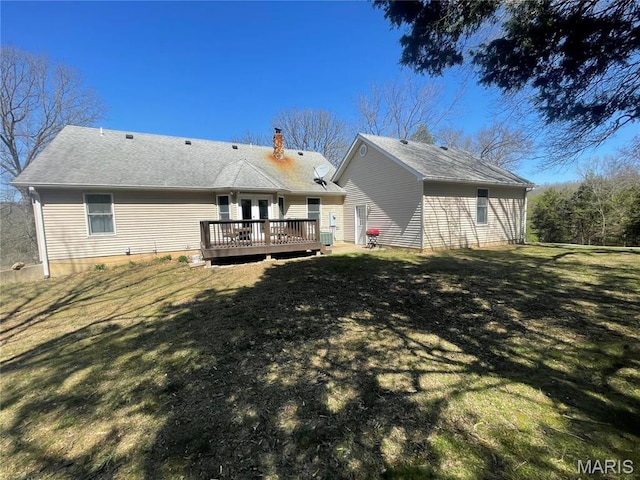 4101 Juedeman Rd, Mo, MO 65453 - rear view of property featuring a deck, a chimney, a lawn, and french doors
