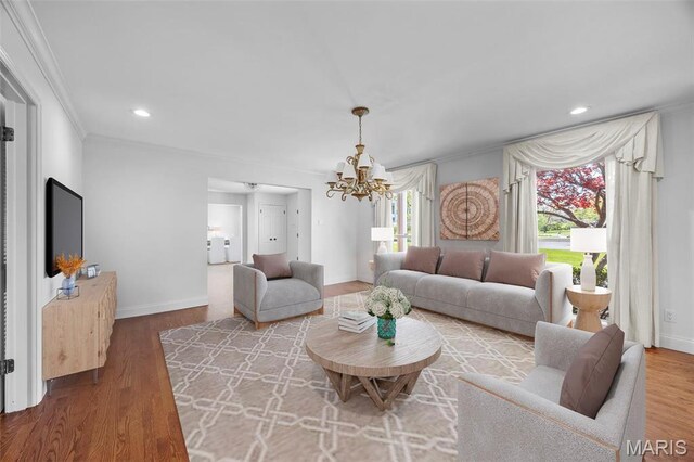 1304 Brynnwood Dr, Saint Louis, MO 63124 - living room featuring a chandelier, crown molding, wood finished floors, recessed lighting, and baseboards