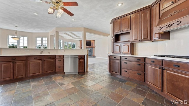 9108 Wiltshire Dr, Columbia, IL 62236 - kitchen with stainless steel dishwasher, a sink, a ceiling fan, recessed lighting, and stone tile flooring