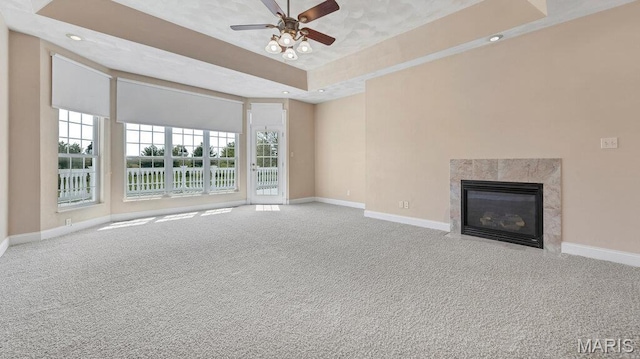 9108 Wiltshire Dr, Columbia, IL 62236 - unfurnished living room featuring carpet floors, baseboards, a ceiling fan, a high end fireplace, and recessed lighting