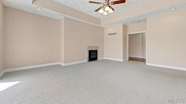 9108 Wiltshire Dr, Columbia, IL 62236 - unfurnished living room featuring ceiling fan, recessed lighting, light colored carpet, baseboards, and a fireplace with flush hearth