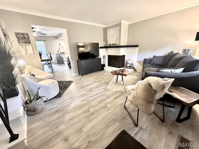 living area with wood finished floors, ornamental molding, and baseboards