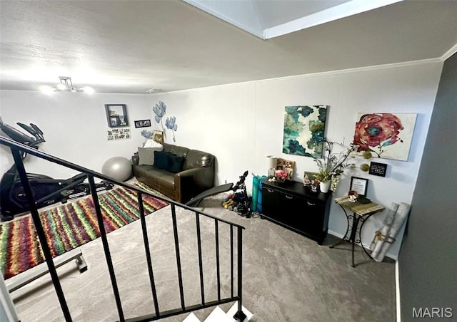 carpeted living area featuring crown molding
