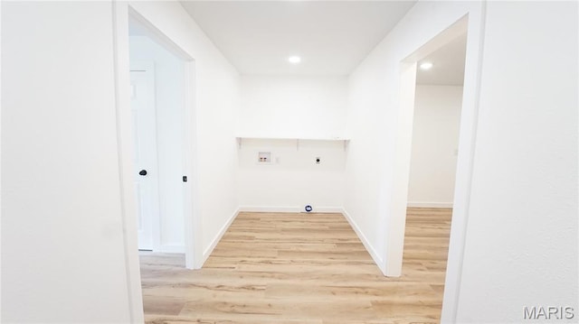 laundry area featuring hookup for an electric dryer, washer hookup, light wood-style floors, recessed lighting, and baseboards