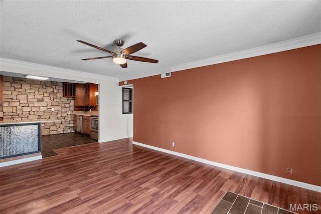 2793 Blackforest Dr Unit B, Saint Louis, MO 63129 - unfurnished living room featuring ceiling fan, dark wood-type flooring, a textured ceiling, crown molding, and a fireplace