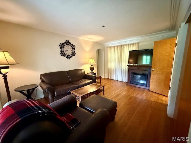 6542 Cedar Hill Rd, Cedar Hill, MO 63016 - living area with wood finished floors, arched walkways, a glass covered fireplace, and crown molding