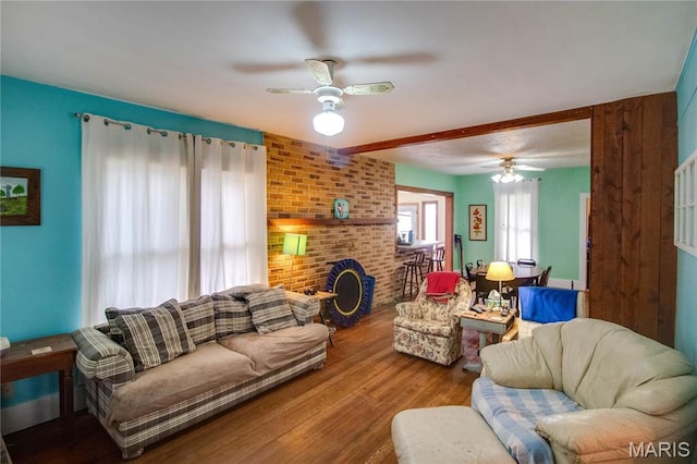 225 Tunison, White Hall, IL 62092 - living area featuring ceiling fan, wood finished floors, and a brick fireplace