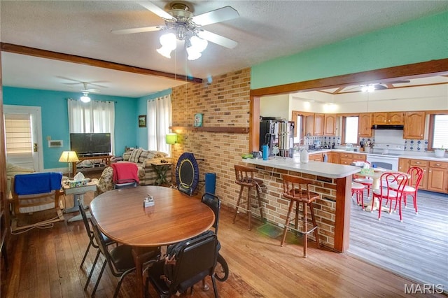 225 Tunison, White Hall, IL 62092 - dining room with ceiling fan, light wood-style floors, a textured ceiling, healthy amount of natural light, and beam ceiling
