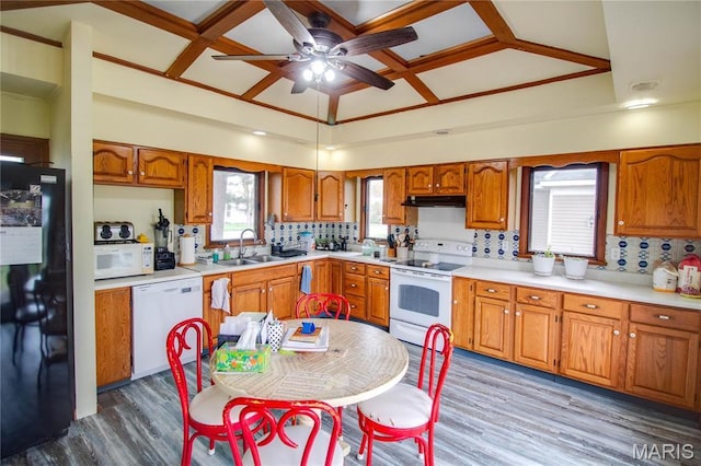 225 Tunison, White Hall, IL 62092 - kitchen with white appliances, under cabinet range hood, brown cabinetry, a ceiling fan, and wood finished floors
