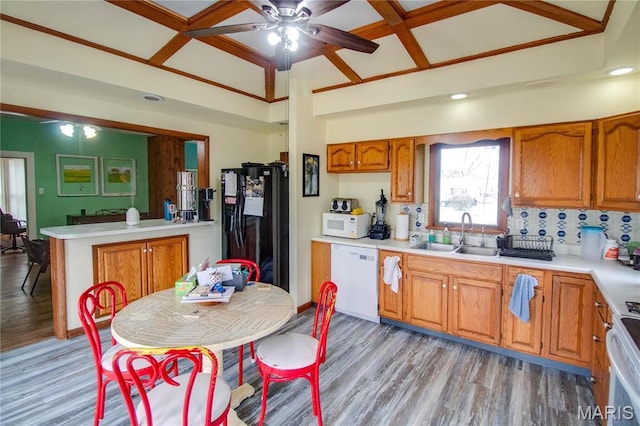 225 Tunison, White Hall, IL 62092 - kitchen featuring white appliances, a sink, ceiling fan, light countertops, and light wood-style floors